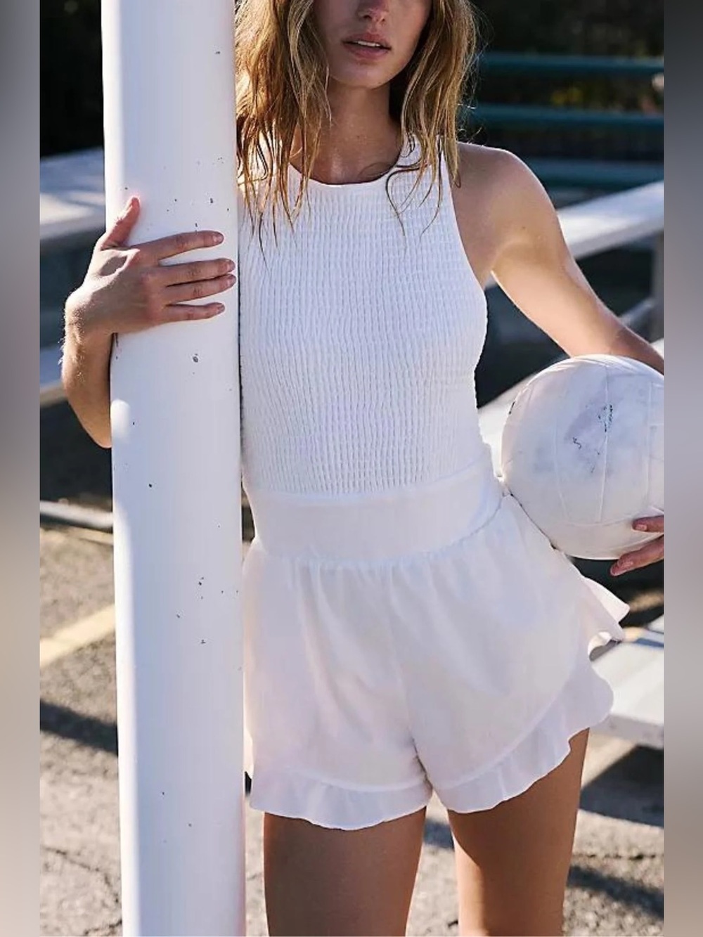 FP Movement Free People Breathless Shortsie Romper White XL Smocked Ruffle $118